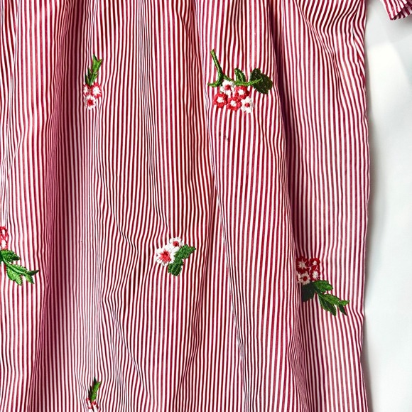 Woman's Striped Summer Travel Short Dress with Floral Embroidery Ruffle Sleeve - Picture 7 of 9